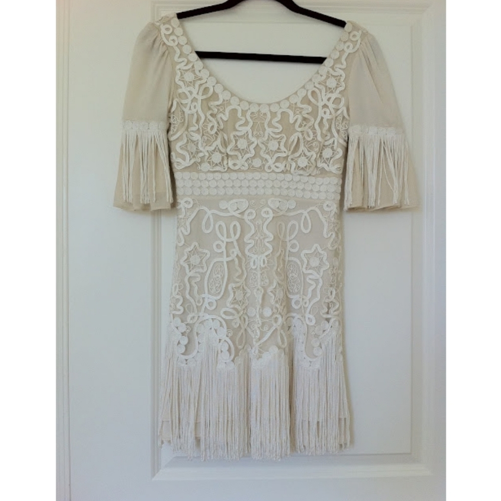 Temperley London Cream Mini Dress with Lace And Fringe Details Size UK 10  Small